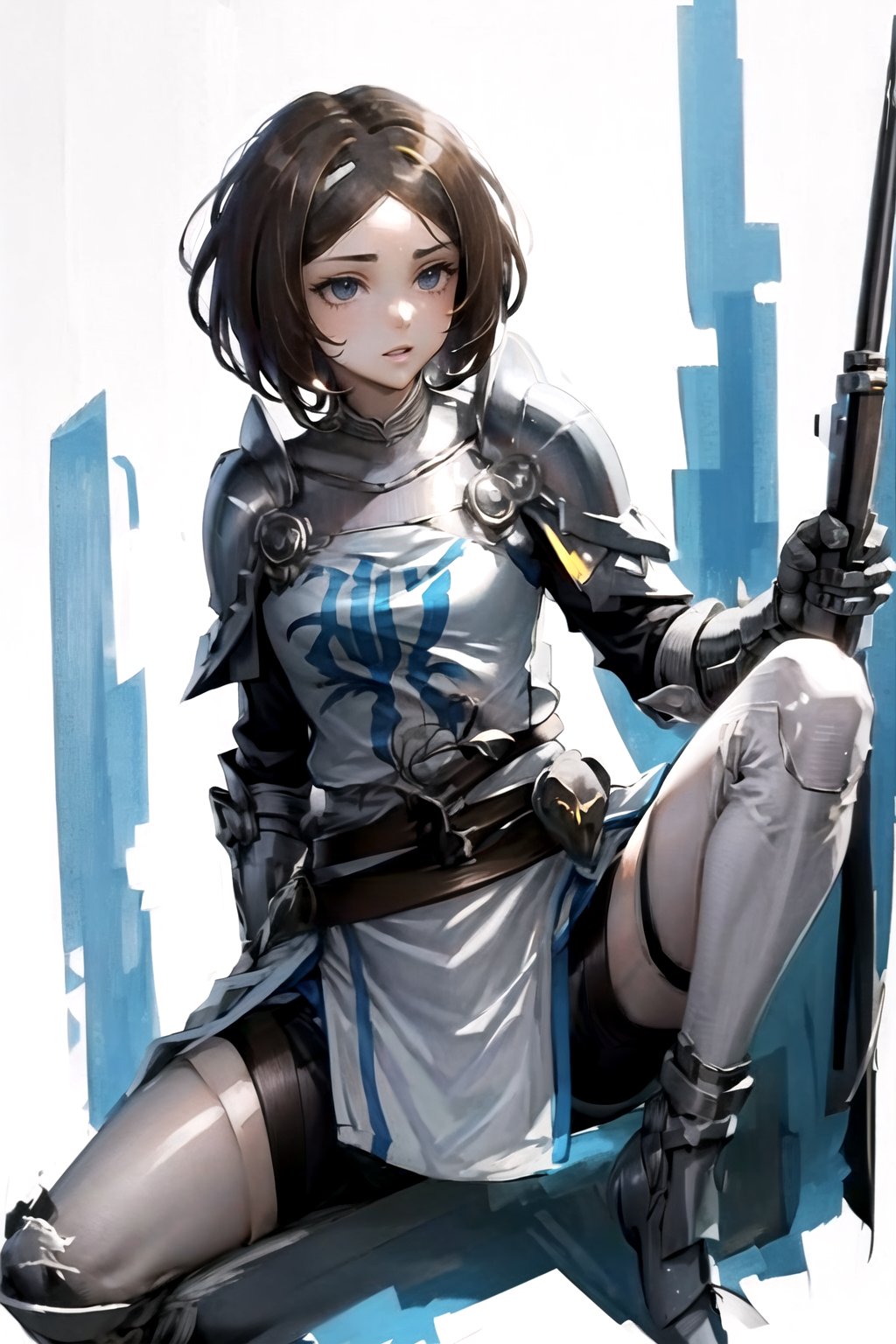 //Quality,
masterpiece, best quality
,//Character,
1girl, solo
,//Fashion, 
,//Background,
white_background
,//Others,
,spread legs, 
Remedios, short hair, hair band, brown hair, armor