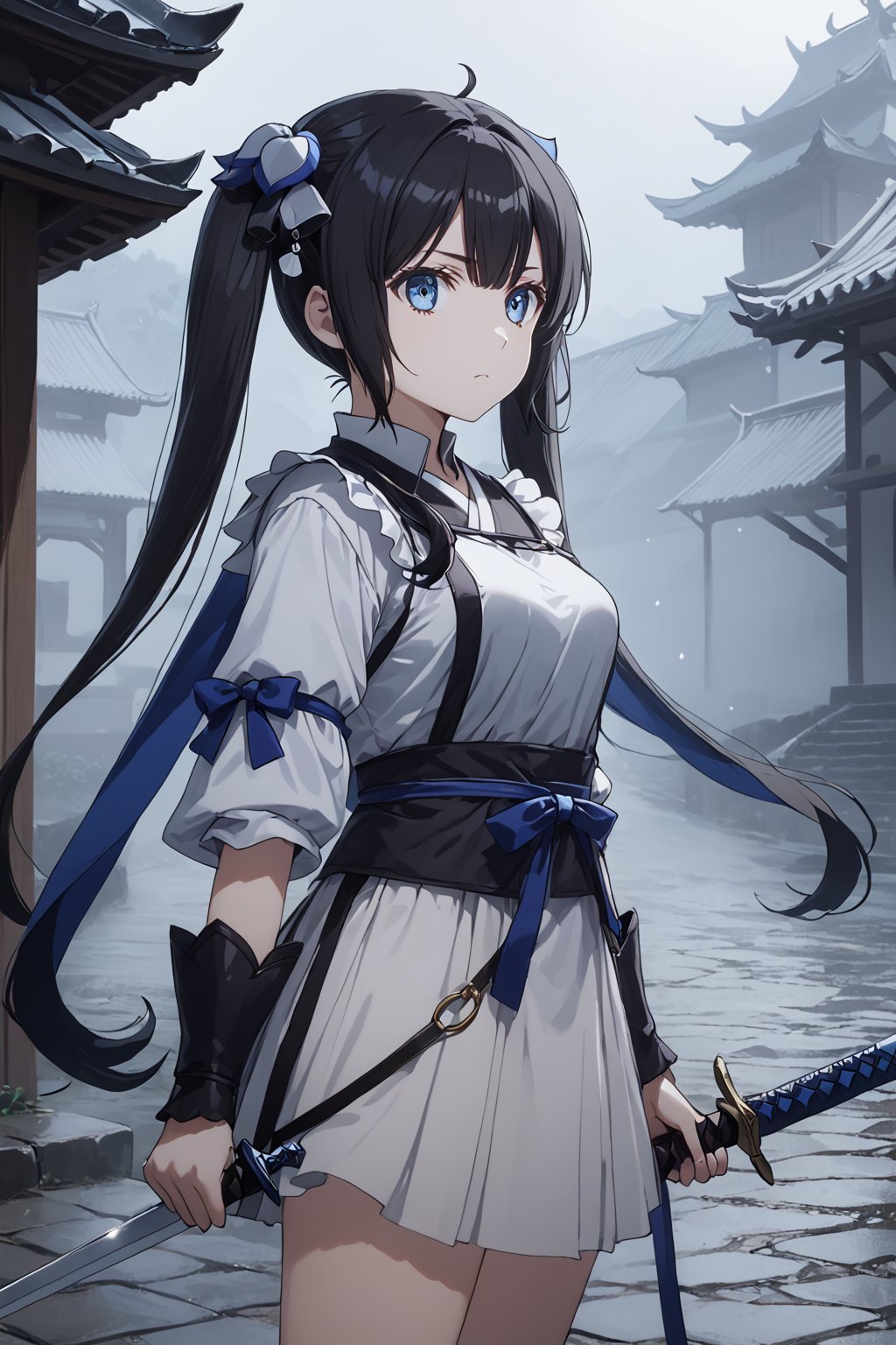 score_9,score_8_up,score_7_up,score_6_up, masterpiece, best quality, highres
,//Character, 
1girl, solo,hestia, black hair, blue eyes,
twin tails/long hair, hair ornament
,//Fashion, 

,//Background, 
,//Others, ,Expressiveh, 
Female warrior standing guard at village entrance, holding a sword, wary expression, mist in the air, eerie black substance in the distance