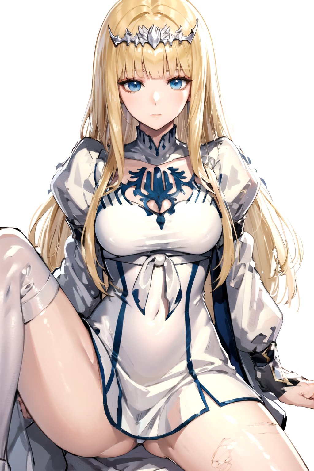 //Quality,
masterpiece, best quality
,//Character,
1girl, solo
,//Fashion, 
,//Background,
white_background
,//Others,
,spread legs, 
Calca, blonde hair, long hair, white tiara, white dress, blue eyes