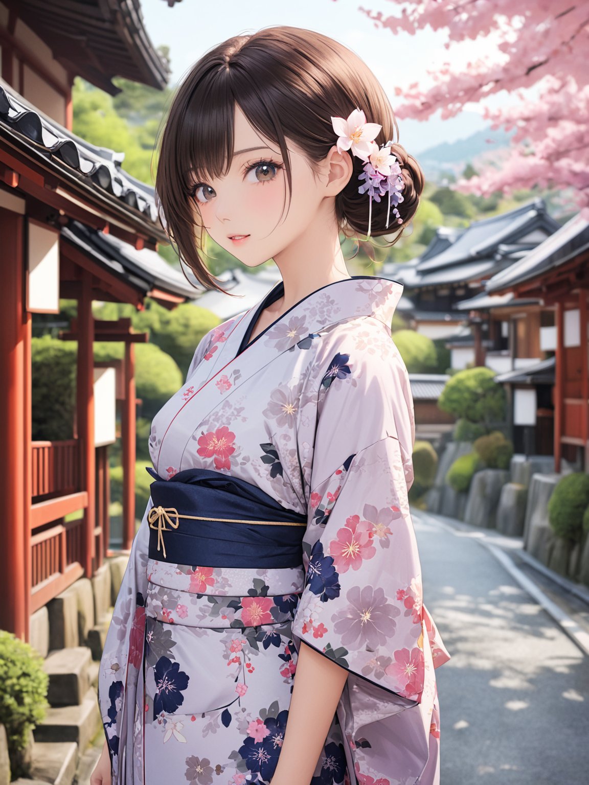 //Quality,
photo r3al, detailmaster2, masterpiece, photorealistic, 8k, 8k UHD, best quality, ultra realistic, ultra detailed, hyperdetailed photography, real photo, 
,//Character,
1girl, solo, cowboy_shot, looking_at_viewer, , 
,//Fashion,
kimono,
,//Background,
Kyoto, outdoors
,//Others,
Eimi, goodbye