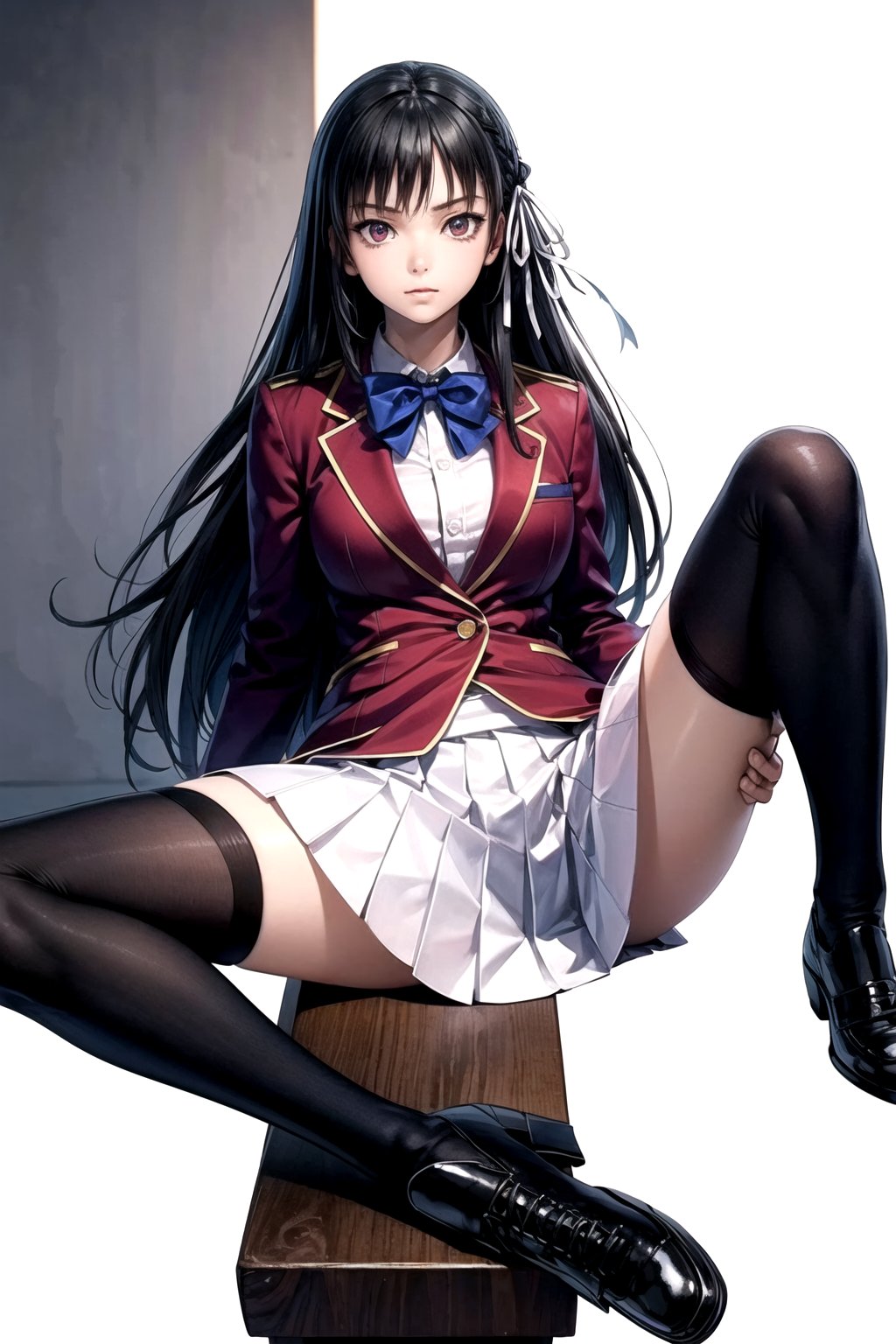 //Quality,
masterpiece, best quality
,//Character,
1girl, solo
,//Fashion, 
,//Background,
white_background
,//Others,
,spread legs, 
,aasuzune, long hair, black hair, single braid, hair ribbon, red jacket, blazer, blue bowtie, long sleeves, white skirt, black thighhighs