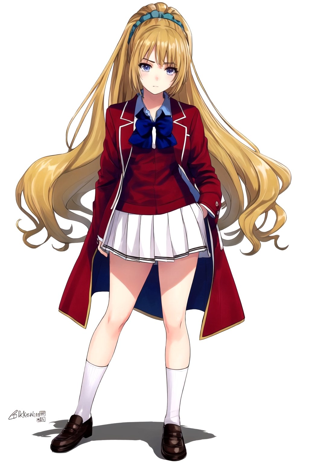 //Quality,
masterpiece, best quality
,//Character,
1girl, solo
,//Fashion,
,//Background,
white_background, simple_background
,//Others,
,KeiKaruizawa, hair scrunchie, school uniform, blue shirt, bowtie, white skirt, red jacket, open jacket, full_body