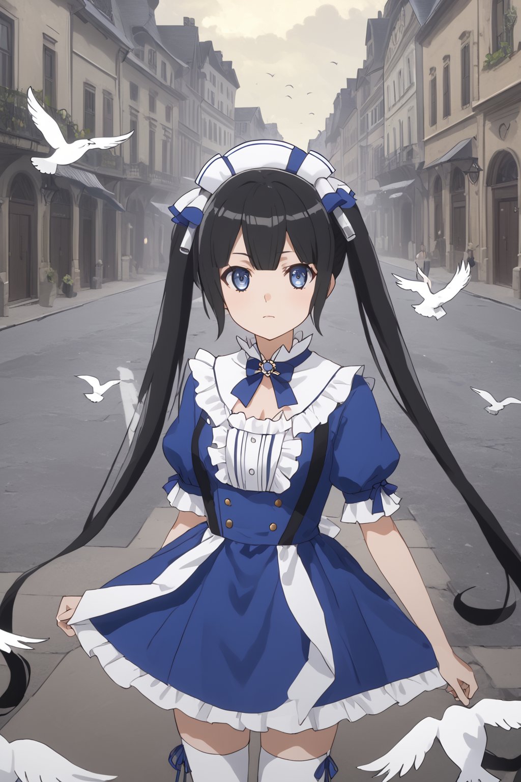 masterpiece, best quality, highres
,//Character, 
1girl,hestia, black hair, blue eyes,
twin tails/long hair, hair ornament
,//Fashion, 

,//Background, 
,//Others, ,Expressiveh, 
A young girl in a Victorian dress standing before a grand Western-style mansion on a stormy island, seagulls circling ominously overhead.