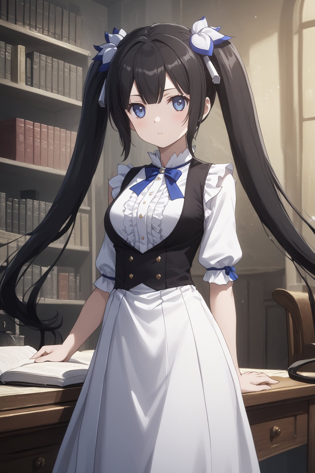 score_9,score_8_up,score_7_up,score_6_up, masterpiece, best quality, highres
,//Character, 
1girl, solo,hestia, black hair, blue eyes,
twin tails/long hair, hair ornament
,//Fashion, 

,//Background, 
,//Others, ,Expressiveh, 
Woman researcher in a dimly lit laboratory, examining a strange black substance in a jar, books and magical instruments scattered around