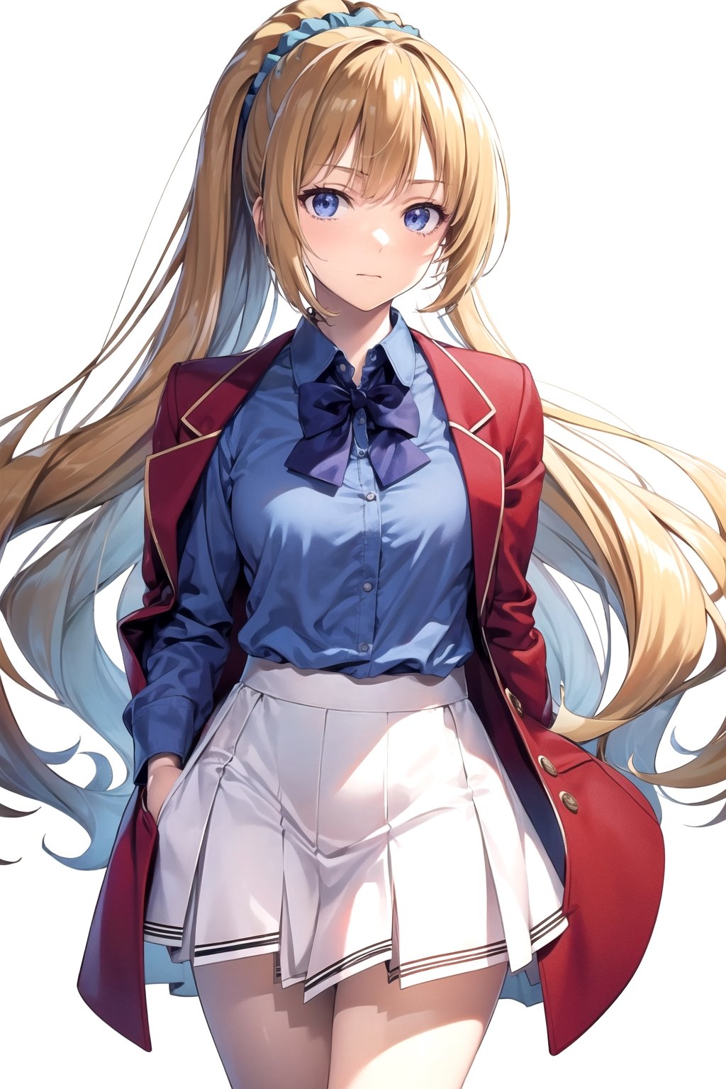 //Quality,
masterpiece, best quality
,//Character,
1girl, solo
,//Fashion,
,//Background,
white_background, simple_background
,//Others,
,KeiKaruizawa, hair scrunchie, school uniform, blue shirt, bowtie, white skirt, red jacket, open jacket, full_body