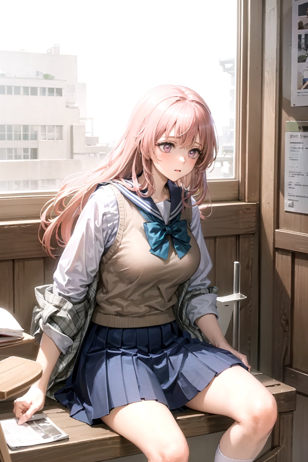//Quality,
masterpiece, best quality
,//Character,
1girl, solo
,//Fashion, 
,//Background,
white_background
,//Others,
,spread legs, 
,inui shinju lj,pink hair, pink eyes, long hair, big breasts, upper body,school uniform, sailor collar, sweater vest, blue skirt, green bow