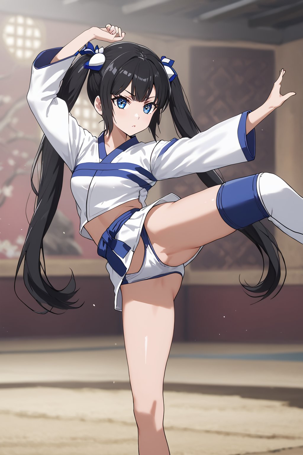 masterpiece, best quality, highres
,//Character, 
1girl,hestia, black hair, blue eyes,
twin tails/long hair, hair ornament
,//Fashion, 

,//Background, 
,//Others, ,Expressiveh, 
A martial artist mid-kick, her gi revealing a glimpse of athletic physique.