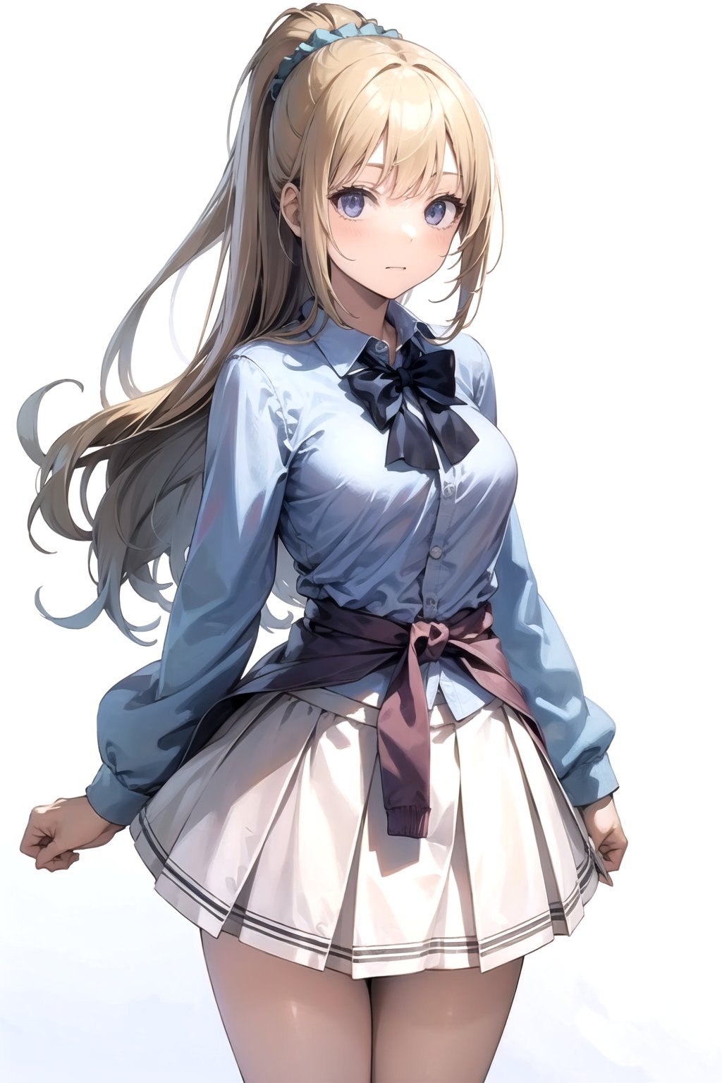 //Quality,
masterpiece, best quality
,//Character,
1girl, solo
,//Fashion, 
,//Background,
white_background
,//Others,
,spread legs, 
,aakei, long hair, blonde hair, ponytail, hair scrunchie, blue bowtie, collared shirt, blue shirt, sleeves rolled up, clothes around waist, pleated skirt, white skirt