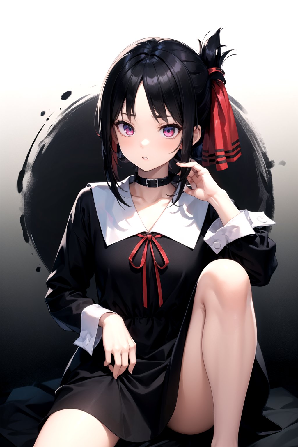 //Quality,
masterpiece, best quality
,//Character,
1girl, solo
,//Fashion, 
,//Background,
white_background
,//Others,
,spread legs, 
,shinomiya_kaguya,((black dark gradient hair:1.5)), gradient eyes, mascara, parted lips, parted bangs, ribbon, red ribbon, hair ribbon, folded ponytail, dress, black dress, school uniform, long sleeves, neck ribbon