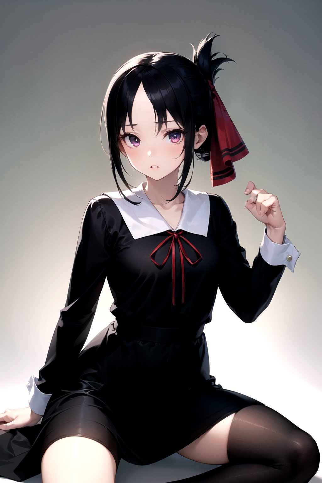 //Quality,
masterpiece, best quality
,//Character,
1girl, solo
,//Fashion, 
,//Background,
white_background
,//Others,
,spread legs, 
,shinomiya_kaguya,((black dark gradient hair:1.5)), gradient eyes, mascara, parted lips, parted bangs, ribbon, red ribbon, hair ribbon, folded ponytail, dress, black dress, school uniform, long sleeves, neck ribbon