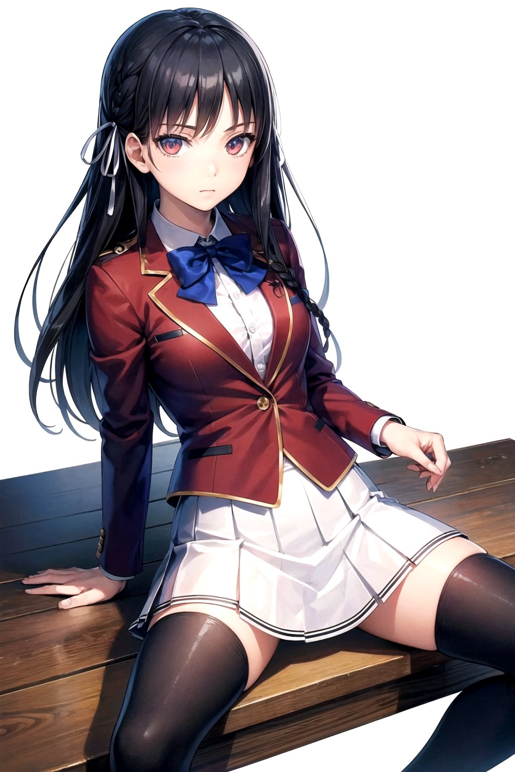 //Quality,
masterpiece, best quality
,//Character,
1girl, solo
,//Fashion, 
,//Background,
white_background
,//Others,
,spread legs, 
,aasuzune, long hair, black hair, single braid, hair ribbon, red jacket, blazer, blue bowtie, long sleeves, white skirt, black thighhighs