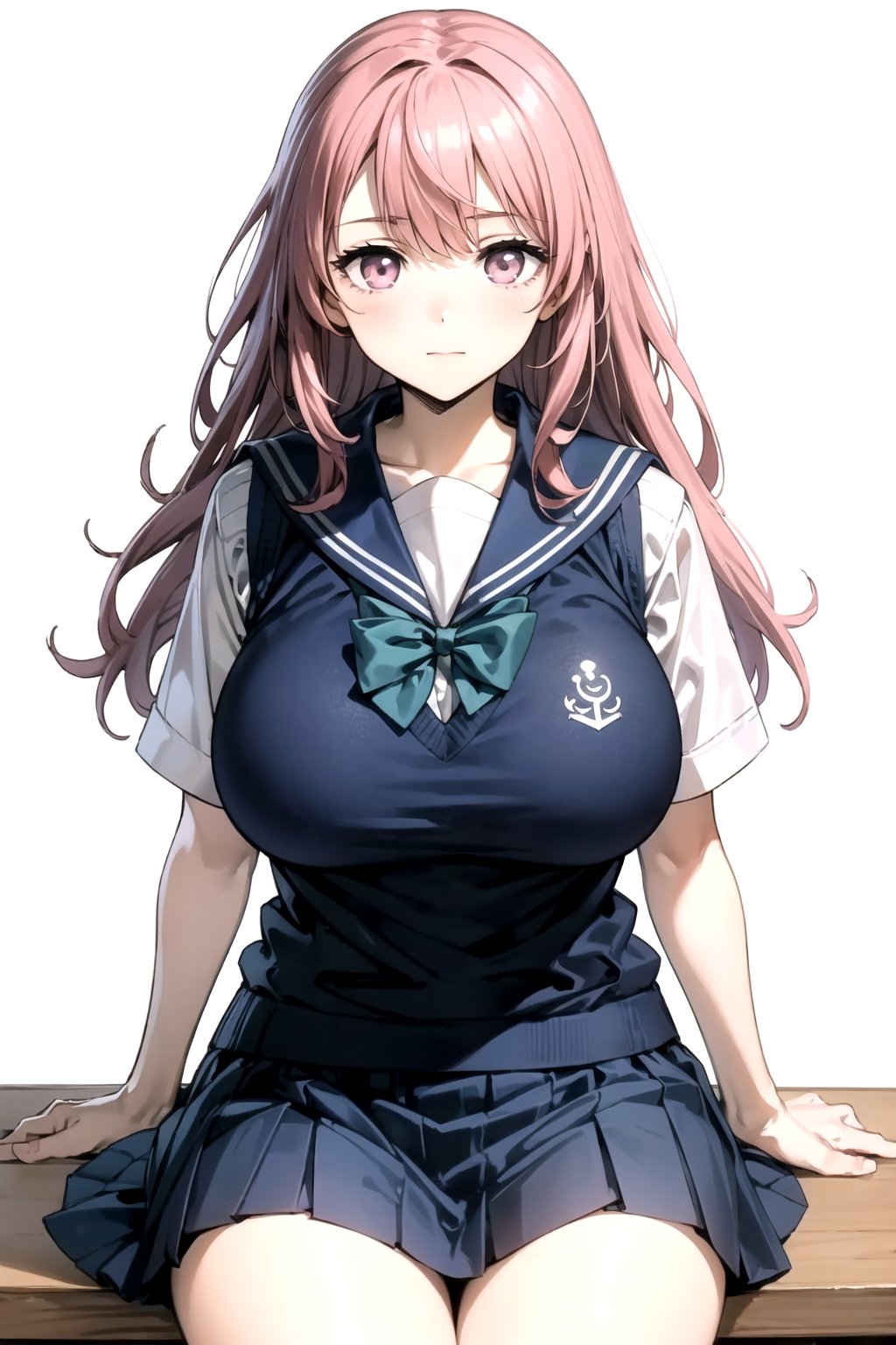 //Quality,
masterpiece, best quality
,//Character,
1girl, solo
,//Fashion, 
,//Background,
white_background
,//Others,
,spread legs, 
,inui shinju lj,pink hair, pink eyes, long hair, big breasts, upper body,school uniform, sailor collar, sweater vest, blue skirt, green bow