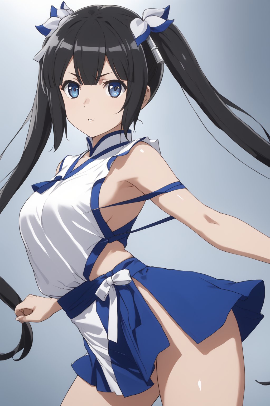 masterpiece, best quality, highres
,//Character, 
1girl,hestia, black hair, blue eyes,
twin tails/long hair, hair ornament
,//Fashion, 

,//Background, 
,//Others, ,Expressiveh, 
A martial artist mid-kick, her gi revealing a glimpse of athletic physique.