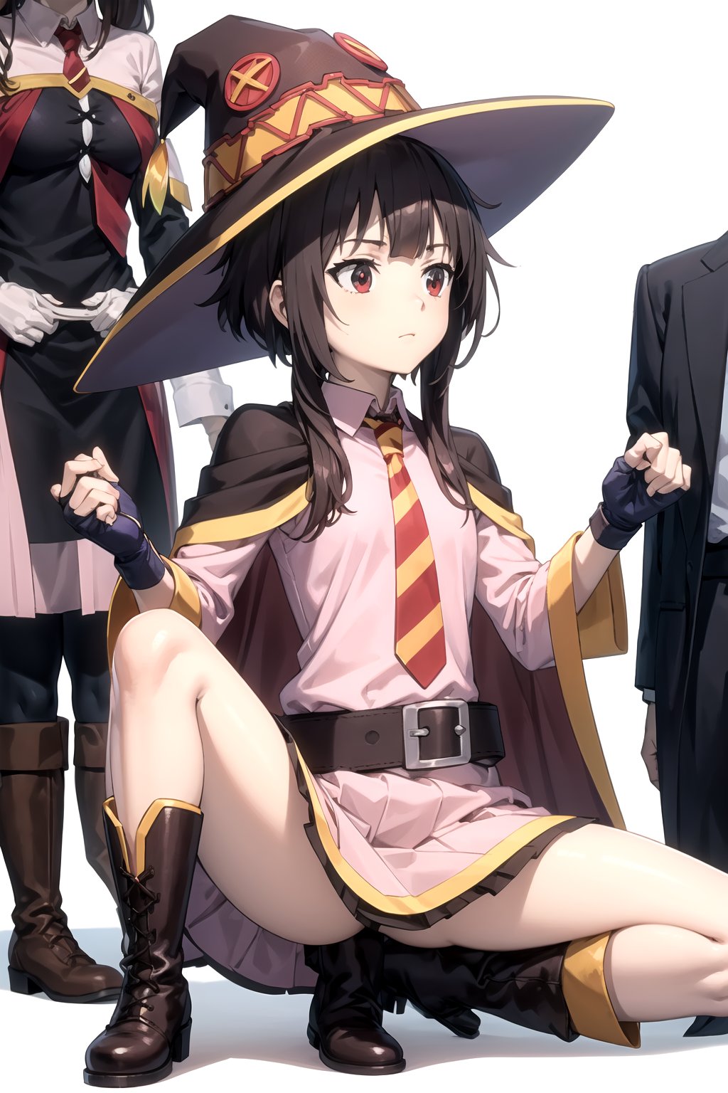 //Quality,
masterpiece, best quality
,//Character,
1girl, solo
,//Fashion, 
,//Background,
white_background
,//Others,
,spread legs, 
Megumin, hat, witch hat, boots, fingerless gloves, dress, belt, long sleeves, pink dress, black gloves, red necktie, pink skirt, shirt, black cape,