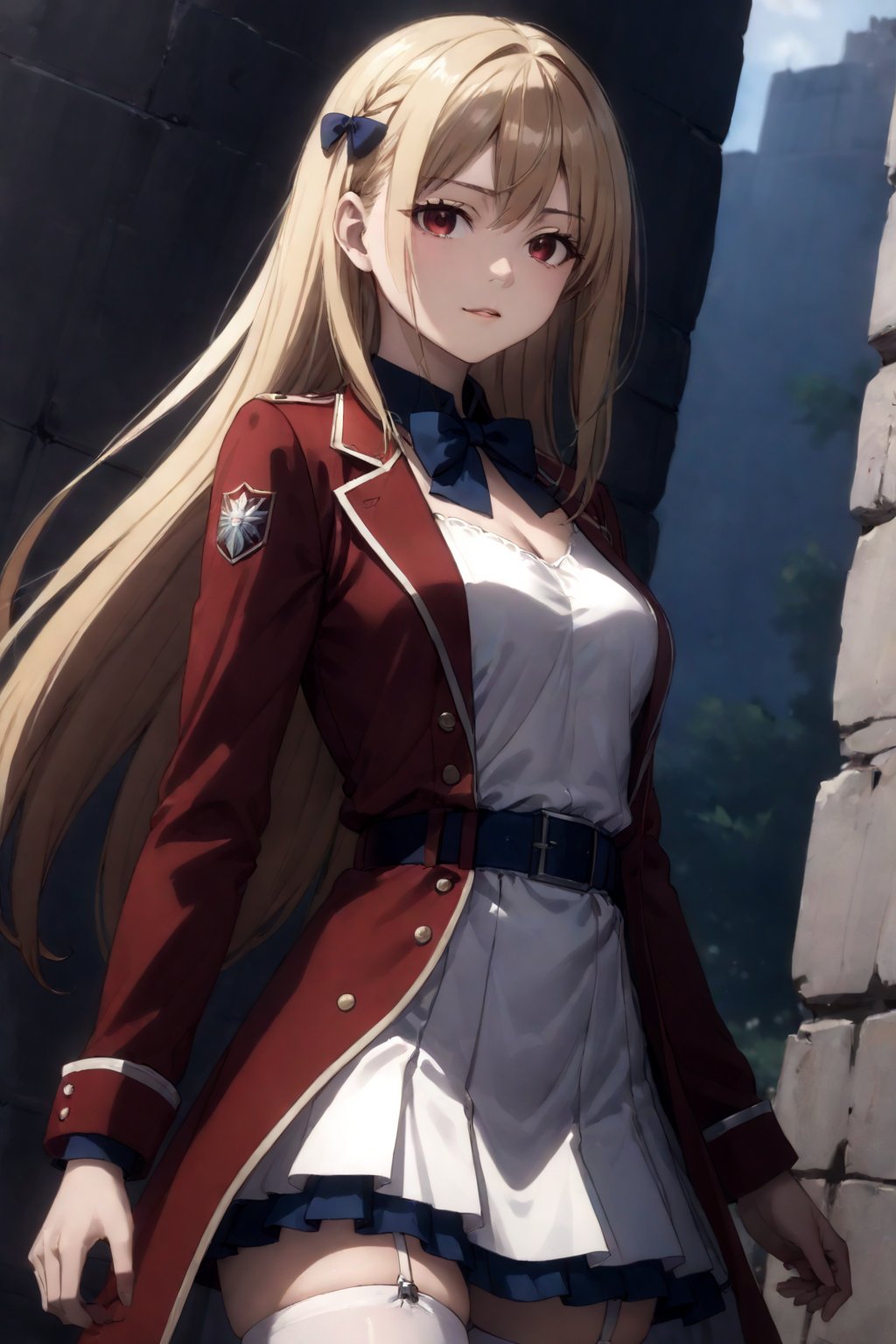 score_9,score_8_up,score_7_up,score_6_up, source_anime, masterpiece, best quality, 8k, 8k UHD, ultra-high resolution, ultra-high definition, highres, cinematic lighting
,//Character, 
1girl, solo,Terakomari, long hair, blonde hair, red eyes, ahoge
,//Fashion, 
red coat, belt buckle, blue bowtie, long sleeves, white skirt, bow, white thighhighs, garter straps
,//Background, 
,//Others, ,Expressiveh,
The girl climbing a steep, rocky cliff face. Her dress is slightly torn, and her hair is windswept. She's reaching for a handhold, determination evident on her face. Dark storm clouds gather in the background, adding drama to the scene.