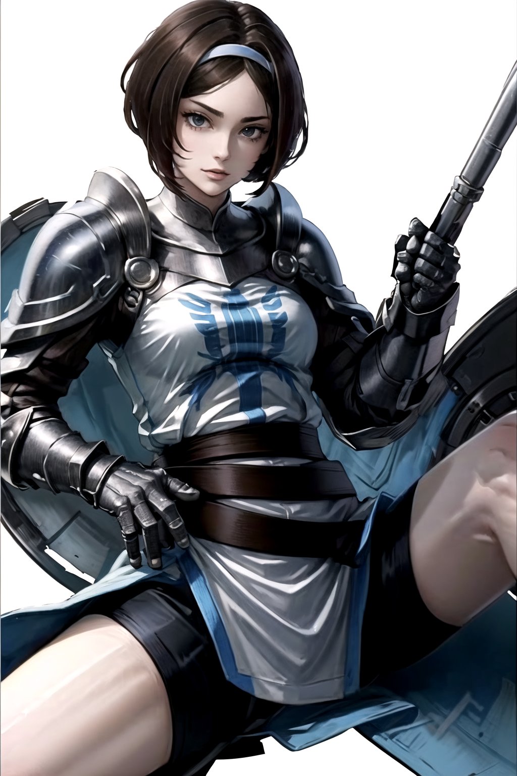 //Quality,
masterpiece, best quality
,//Character,
1girl, solo
,//Fashion, 
,//Background,
white_background
,//Others,
,spread legs, 
Remedios, short hair, hair band, brown hair, armor