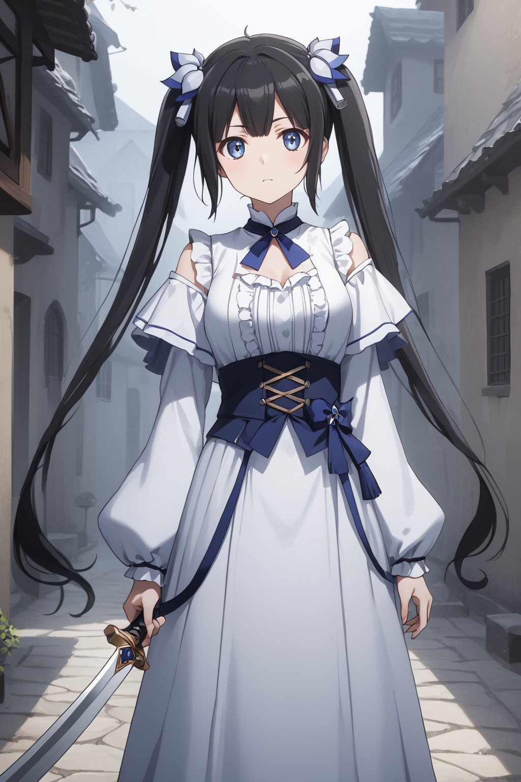 score_9,score_8_up,score_7_up,score_6_up, masterpiece, best quality, highres
,//Character, 
1girl, solo,hestia, black hair, blue eyes,
twin tails/long hair, hair ornament
,//Fashion, 

,//Background, 
,//Others, ,Expressiveh, 
Female warrior standing guard at village entrance, holding a sword, wary expression, mist in the air, eerie black substance in the distance