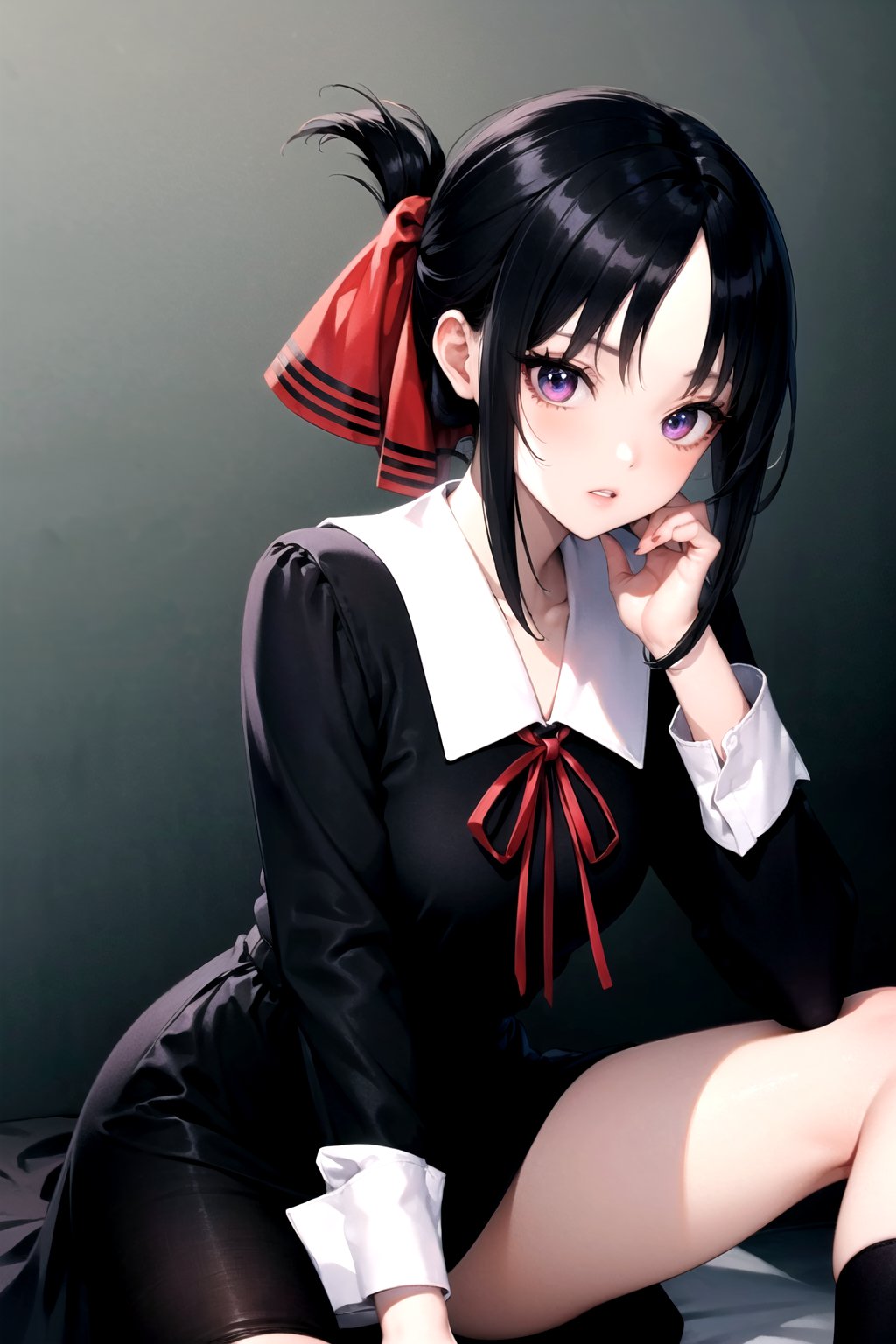 //Quality,
masterpiece, best quality
,//Character,
1girl, solo
,//Fashion, 
,//Background,
white_background
,//Others,
,spread legs, 
,shinomiya_kaguya,((black dark gradient hair:1.5)), gradient eyes, mascara, parted lips, parted bangs, ribbon, red ribbon, hair ribbon, folded ponytail, dress, black dress, school uniform, long sleeves, neck ribbon