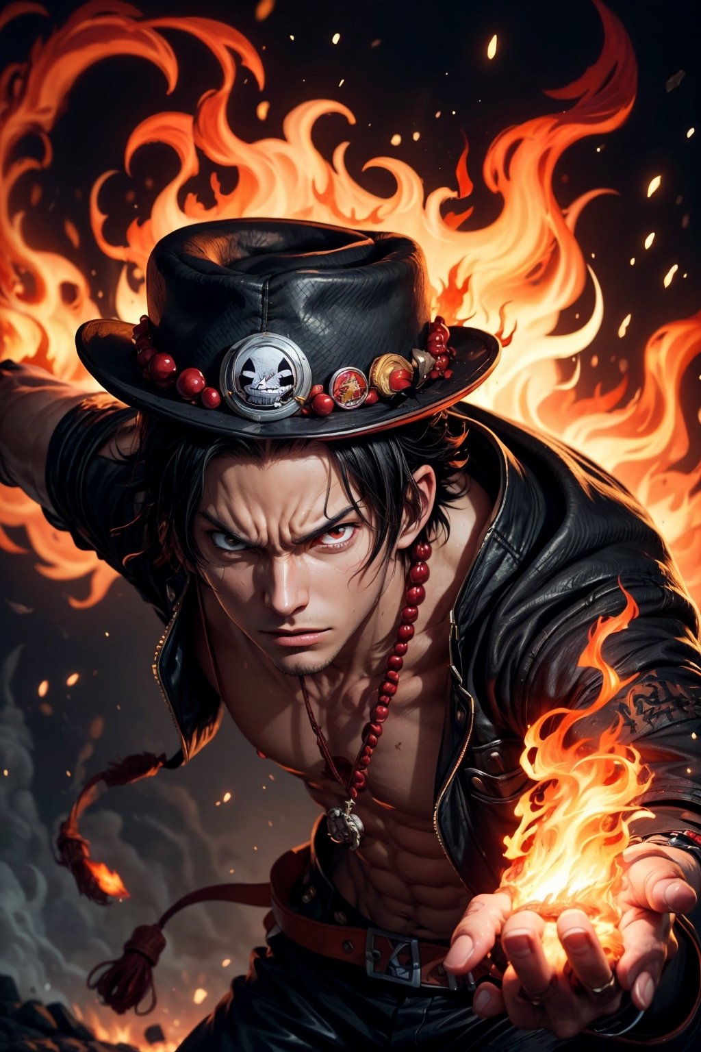 Create the iconic One Piece character, Portgas D. Ace:

"Visualize the legendary Portgas D. Ace, a prominent character from the One Piece anime. He possesses a lithe and muscular physique, reflecting his formidable strength.

Ace is clad in his signature attire, wearing a stylish hat that adds to his iconic appearance. His defining ability is his mastery over fire, and his hands should be ablaze with flickering flames, showcasing his power to manipulate fire at will.

Set him against a background of raging fire, with flames dancing in the backdrop, creating an inferno-like atmosphere. The flames should emphasize his fiery abilities and his unwavering resolve.

Capture this image to pay homage to Portgas D. Ace's character, showcasing his powerful presence and his association with the element of fire, a central theme in his story arc within the One Piece series." ((Perfect face)), ((perfect hands)), ((perfect body)), [perfect image of Portgas D. Ace(one piece anime character)]