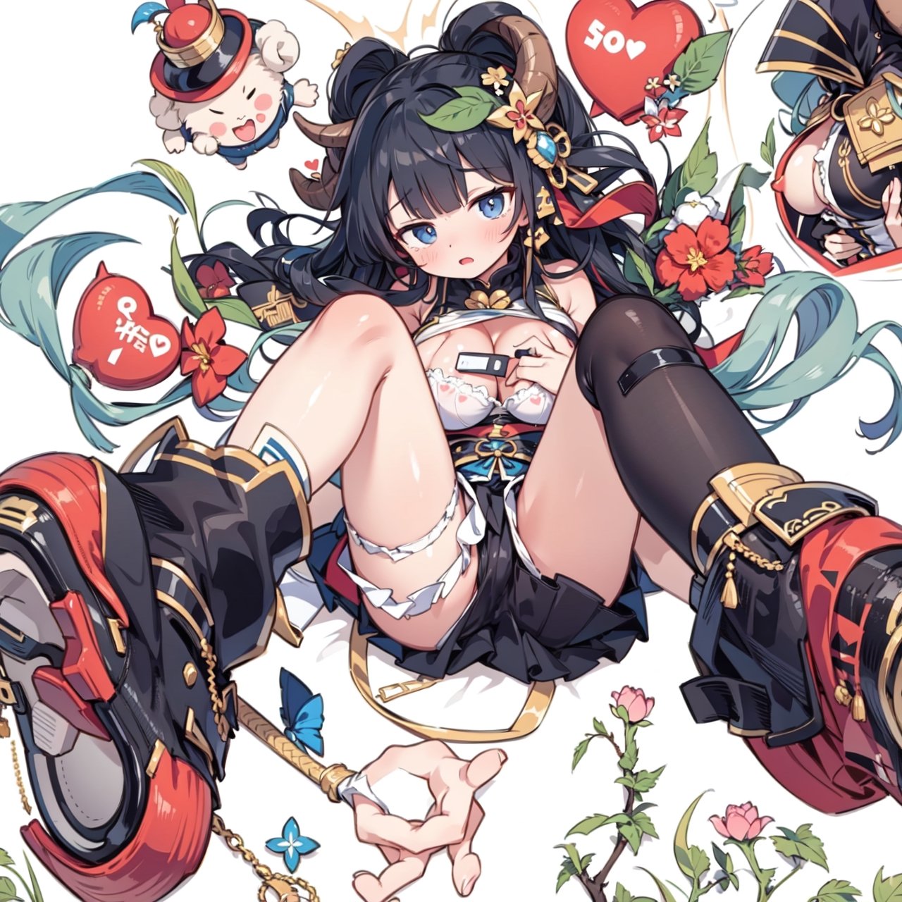 anime,  full body, big boobies, big breast, (masterpiece, best quality, highres:1.1), ultra resolution image, black hair, long hair, blush, (masterpiece, top quality, best quality, beautiful and aesthetic:1.2 ), extreme detailed, highest detailed, 1 girl,  cleavage, heart in eye, huge breasts, pleated-skirt, bra,Sexy Big Breast, horn outfit, Sheep's horn outfit, white background, in white space,YAMATO