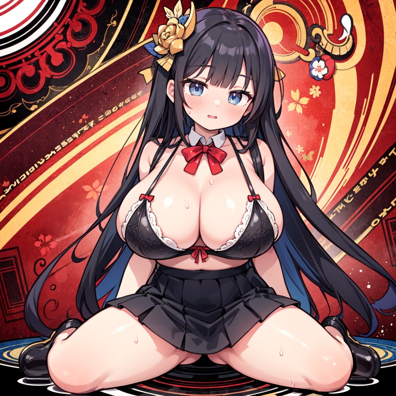 anime,  full body, big boobies, big breast, (masterpiece, best quality, highres:1.1), ultra resolution image, black hair, long hair, blush, (masterpiece, top quality, best quality, official art, beautiful and aesthetic:1.2 ), (1girl), extreme detailed, (fractal art:1.3), highest detailed, 1 girl,  cleavage, heart in eye, huge breasts, miniskirt, bra,mink_\(dragon half),Sexy Big Breast,