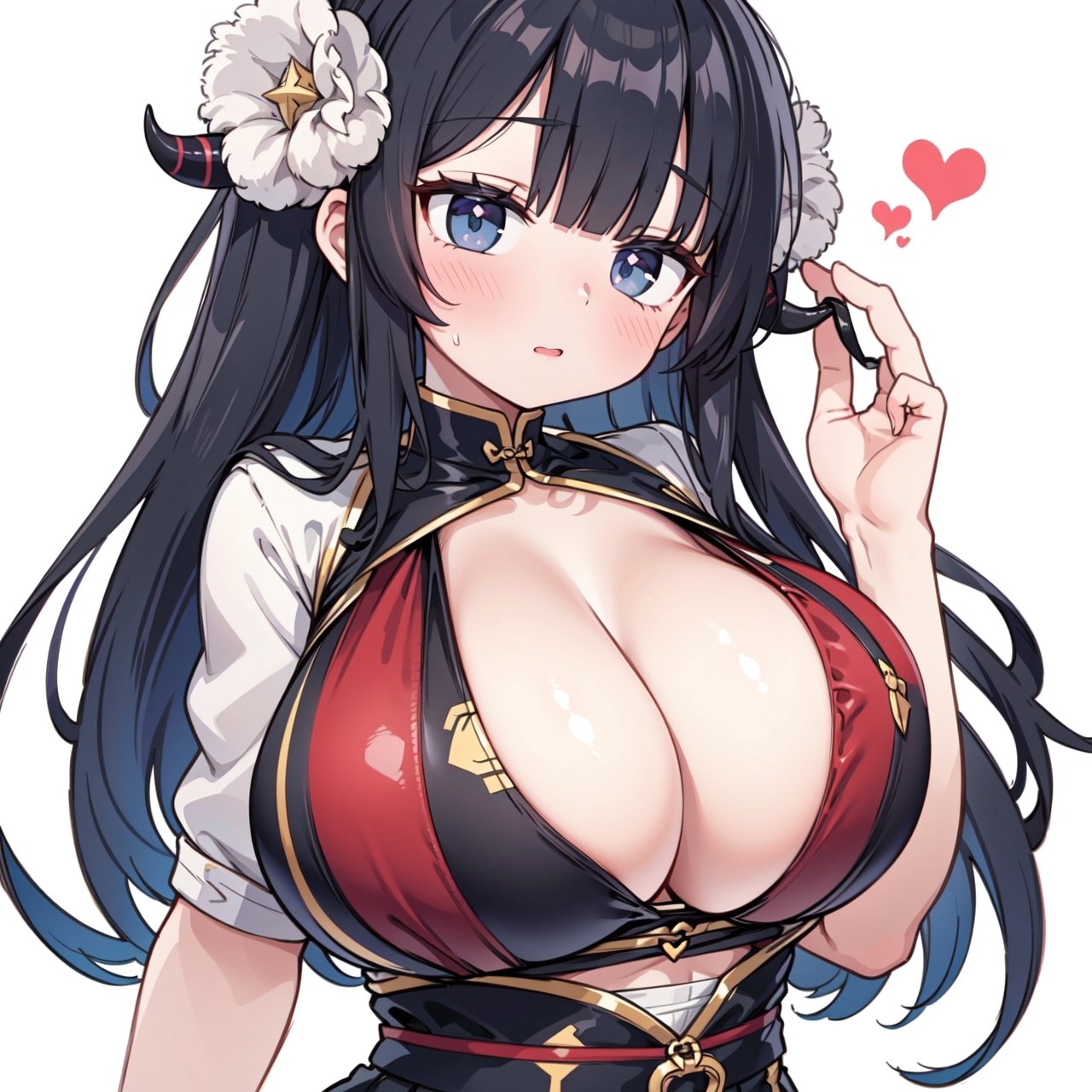 anime,  full body, big boobies, big breast, (masterpiece, best quality, highres:1.1), ultra resolution image, black hair, long hair, blush, (masterpiece, top quality, best quality, beautiful and aesthetic:1.2 ), extreme detailed, highest detailed, 1 girl,  cleavage, heart in eye, huge breasts, pleated-skirt, bra,Sexy Big Breast, horn outfit, Sheep's horn outfit, white background, in white space,YAMATO