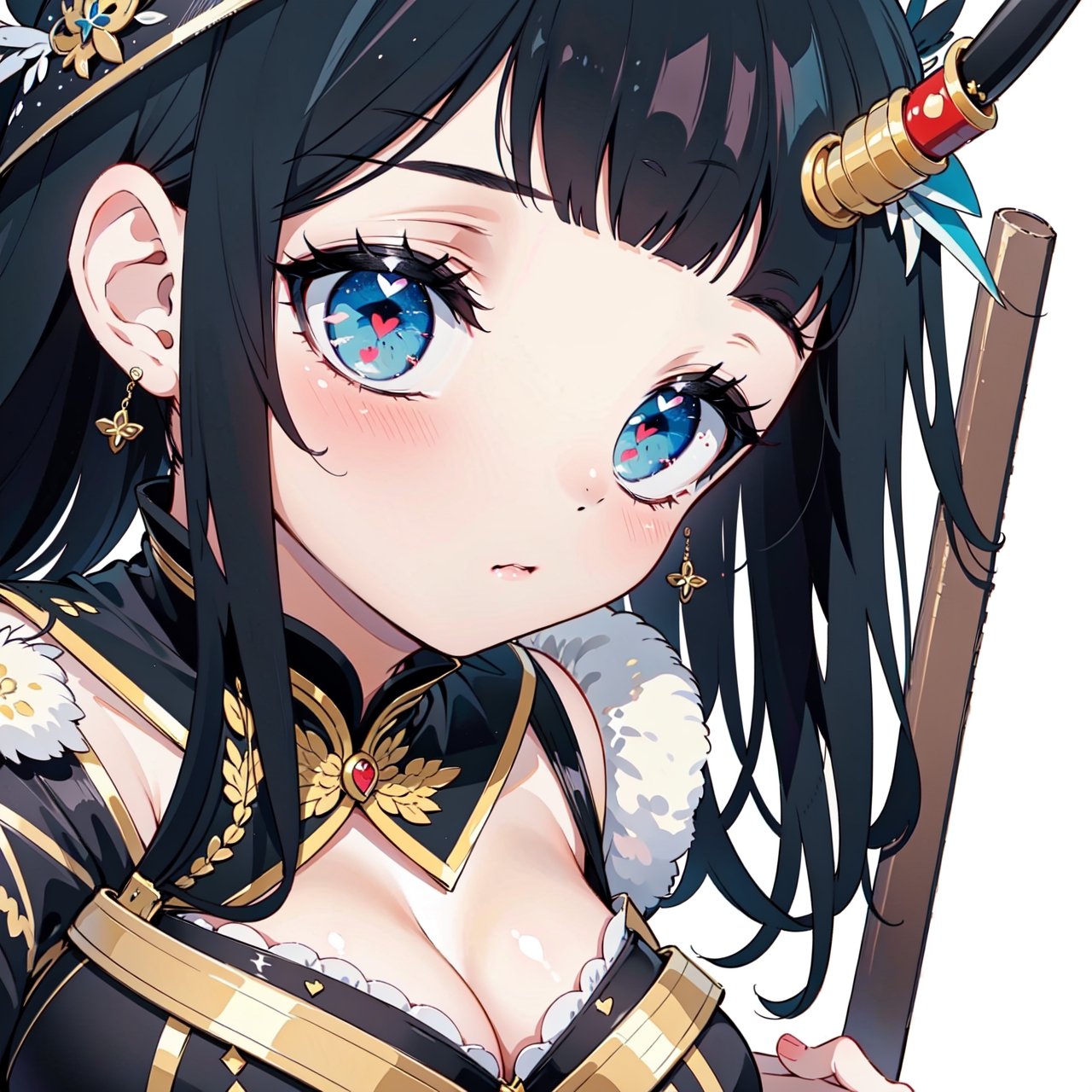 anime,  full body, big boobies, big breast, (masterpiece, best quality, highres:1.1), ultra resolution image, black hair, long hair, blush, (masterpiece, top quality, best quality, beautiful and aesthetic:1.2 ), extreme detailed, highest detailed, 1 girl,  cleavage, heart in eye, huge breasts, pleated-skirt, bra,Sexy Big Breast, horn outfit, Sheep's horn outfit, white background, in white space,YAMATO