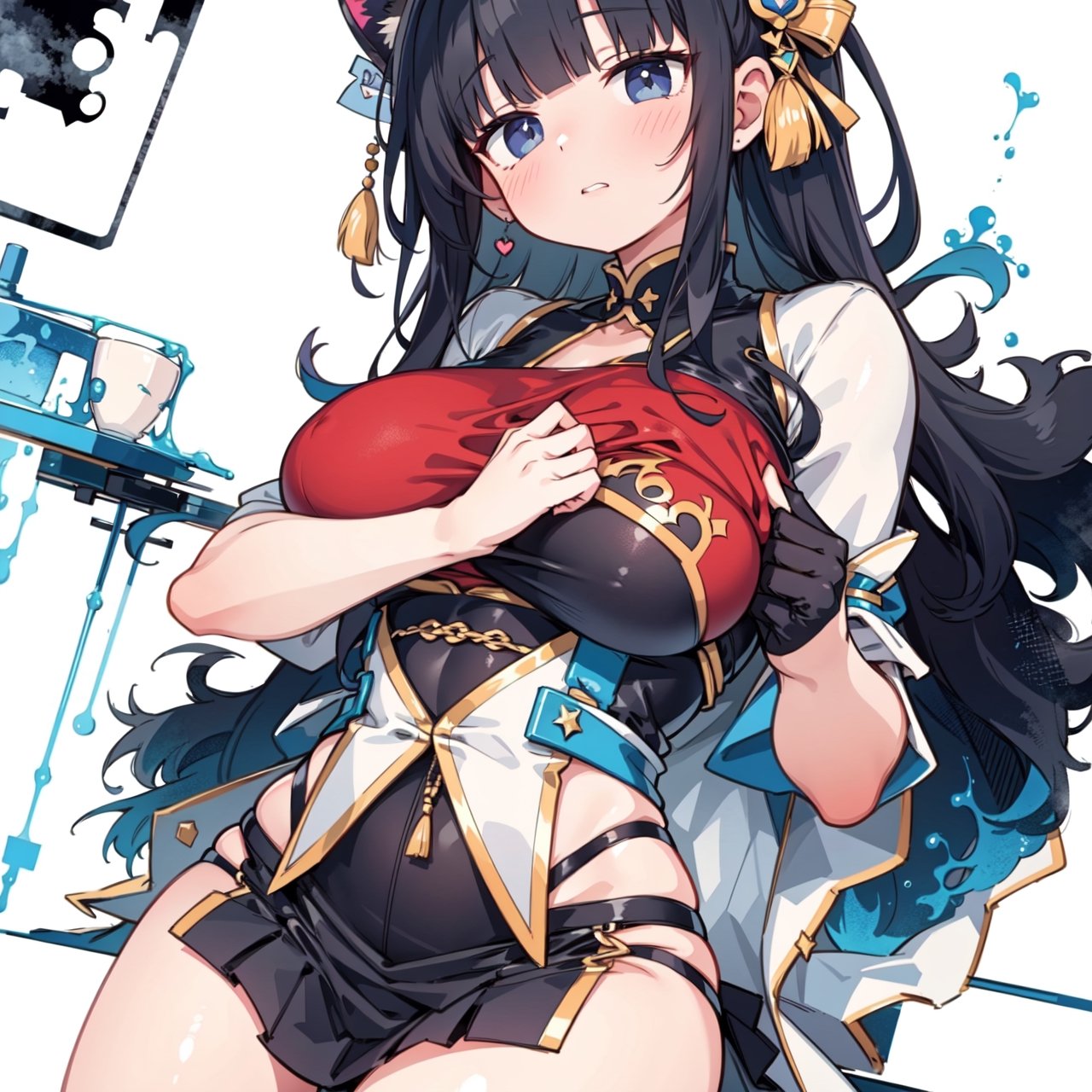 anime,  full body, big boobies, big breast, (masterpiece, best quality, highres:1.1), ultra resolution image, black hair, long hair, blush, (masterpiece, top quality, best quality, beautiful and aesthetic:1.2 ), extreme detailed, highest detailed, 1 girl,  cleavage, heart in eye, huge breasts, pleated-skirt, bra,Sexy Big Breast, horn outfit, Sheep's horn outfit, white background, in white space,YAMATO