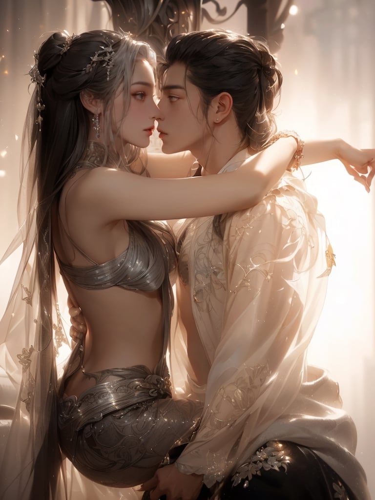 1BOY+1GIRL, (((MALE-FEMALE_COUPLE:1.5))) Insanely cinematic filigree  photography of a mystic pale couple, Gorgeous, silver ornated fantasy robe, noble dresses with silver jewels, detailed (LONG_WHITE_HAIR_male-female_couple:1.5), hyperdetailed perfect face, long white_hair, (((detailed PERFECT SYMMETRICAL EYES, GORGEOUS_PERFECE_EYES, Seductive_gaze:1.3))) , ((silver_ornated_whit_fantasy_robe:1.5) (((SILVER_concept:1.2))) intricate and hyperdetailed painting by Huang Guangjian Eve Ventrue Simon Goinard Ismail Inceoglu Dan Witz CGSociety ZBrush Central fantasy art album cover art 4K 64 megapixels 32K resolution HDR perfect, beauty, FANTASY CONCEPT ART:: Gorgeous picture, pale male, noble LORD, SILVER CONCEPT, detailed, hyperintricately, wondeful, breathtaking  lashes hyperdetailed painting by Ismail Inceoglu Huang Guangjian and Dan Witz CGSociety ZBrush Central fantasy art album cover art 4K 64 megapixels 8K resolution HDR, , Magical ambience, 32k resolution concept art by Greg Rutkowski, Artgerm, WLOP, Huang Guangjian, Bella Kotaki, Anna Dittmann,outfit-km, hand on another's shoulder,,clothes lift