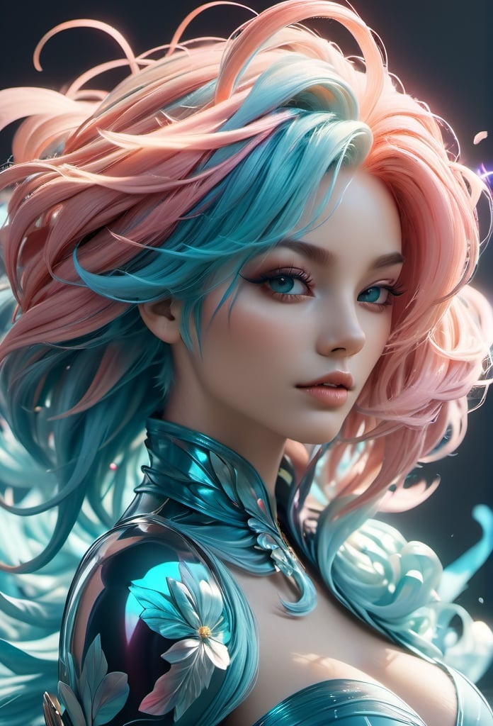 Beatiful steam-like sensual woman with aquamarine and pink flowy hair and body resembling steam, work of beauty and complexity,  ghostcore, prismatic glow elements, fluidity, detailed face, 8k UHD ,A girl dancing,  alberto seveso style, flower petals flying with the wind,Sci-fi , ((huge breasts)),