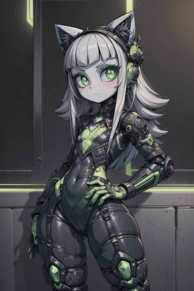 (masterpiece, best quality, extremely detailed, intricately detailed, volumetric lighting, absurdres, 8k, chiaroscuro lighting, Saturated colors), (robot, portrait), (1_girl, feminine_eyelashes, bright_green_eyes), (cat, wide_hips, eyeshadow, neon_lining, gothic_lolita, thigh_highs, silver_jewelry, emerald_lining, room_background), ((flat_chest, bored_expression)), blad4