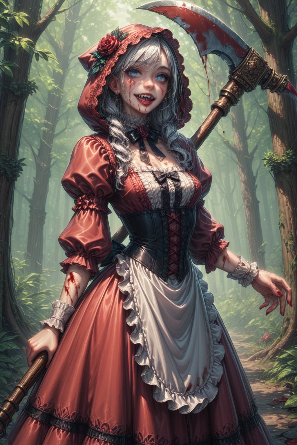 Score_9, Score_8_up, Score_7_up, volumetric_lighting, chiaroscuro_lighting, by: teckworks, by: pixelsketcher, by: kanel, solo, intricate, victorian, darkness, dramatic_lighting,  red_dress, white_apron, red_hood, white_hair, blue_eyes, petite, ((posing_with_a_greataxe, stylized, expressive)), holding, sharp_teeth, blood, stylish, dark_fantasy_forest_background