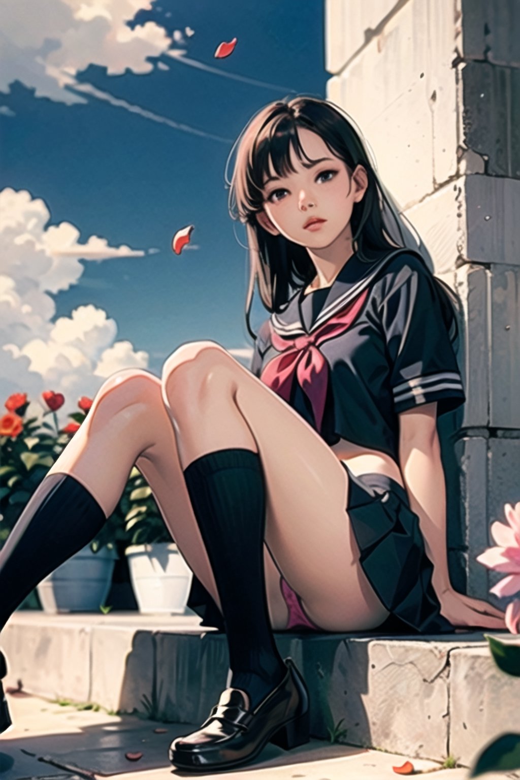 camellia, 10 years, flower, red_flower, red_rose, rose, katana, girl, pink_rose, pink_flower, spider_lily, shoes, long_hair, school_uniform, serafuku, sheath, sky blue panties, bow panties, panty pull, ((pussy peek)), solo, sheathed, vase, looking_at_viewer, sitting open legs, orange_flower, pleated_skirt, rose_petals, black_shirt, black_legwear, black_skirt, hibiscus, very_long_hair, parted_lips, loafers, sailor_collar, black_hair, neckerchief