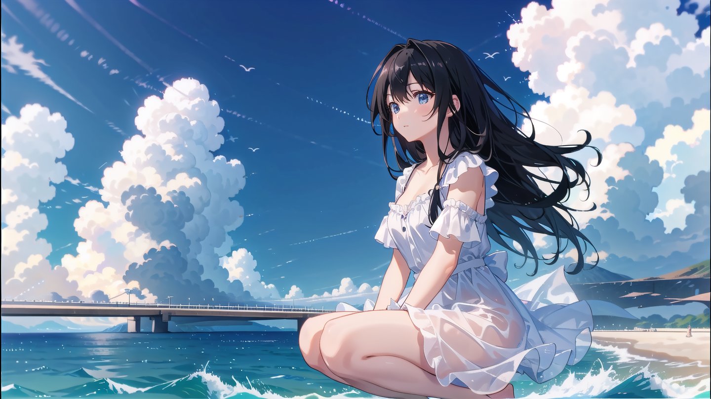 masterpiece, best quality, high quality,extremely detailed CG unity 8k wallpaper, extremely detailed, High Detail, 

1girl, solo, long hair, black hair, dress, short sleeves, outdoors, sky, cloud, water, white dress, blurry, blurry background, ocean, beach, squatting, ,girl