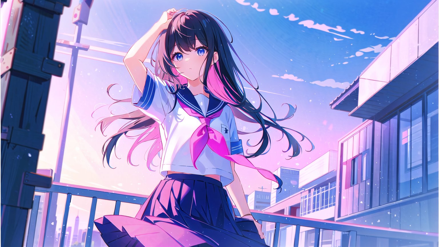 masterpiece, best quality, high quality,extremely detailed CG unity 8k wallpaper, extremely detailed, High Detail, 

1girl, solo, long hair, black hair, blue eyes, skirt, shirt, school uniform, standing, white shirt, short sleeves, pleated skirt, outdoors, sky, serafuku, (pink serafuku, pink school uniform), day, sailor collar, blurry, arm up, neckerchief, long skirt, ,girl