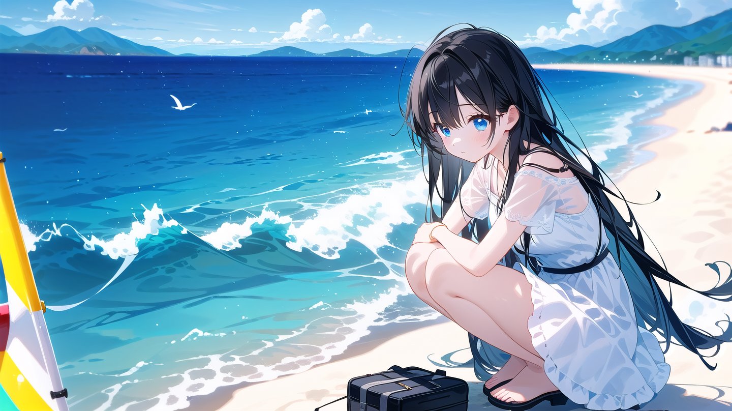 masterpiece, best quality, high quality,extremely detailed CG unity 8k wallpaper, extremely detailed, High Detail, 

1girl, solo, long hair, black hair, dress, short sleeves, outdoors, sky, cloud, water, white dress, blurry, blurry background, ocean, beach, squatting, ,girl