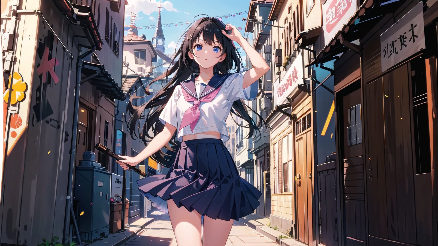 masterpiece, best quality, high quality,extremely detailed CG unity 8k wallpaper, extremely detailed, High Detail, 

1girl, solo, long hair, black hair, blue eyes, skirt, shirt, school uniform, standing, white shirt, short sleeves, pleated skirt, outdoors, sky, serafuku, (pink serafuku, pink school uniform), day, sailor collar, blurry, arm up, neckerchief, long skirt, ,girl