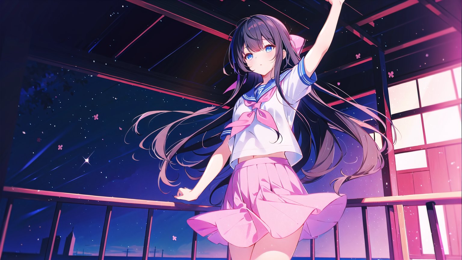 masterpiece, best quality, high quality,extremely detailed CG unity 8k wallpaper, extremely detailed, High Detail, 

1girl, solo, long hair, black hair, blue eyes, skirt, shirt, school uniform, standing, white shirt, short sleeves, pleated skirt, outdoors, sky, serafuku, (pink serafuku, pink school uniform), day, sailor collar, blurry, arm up, neckerchief, long skirt, ,girl