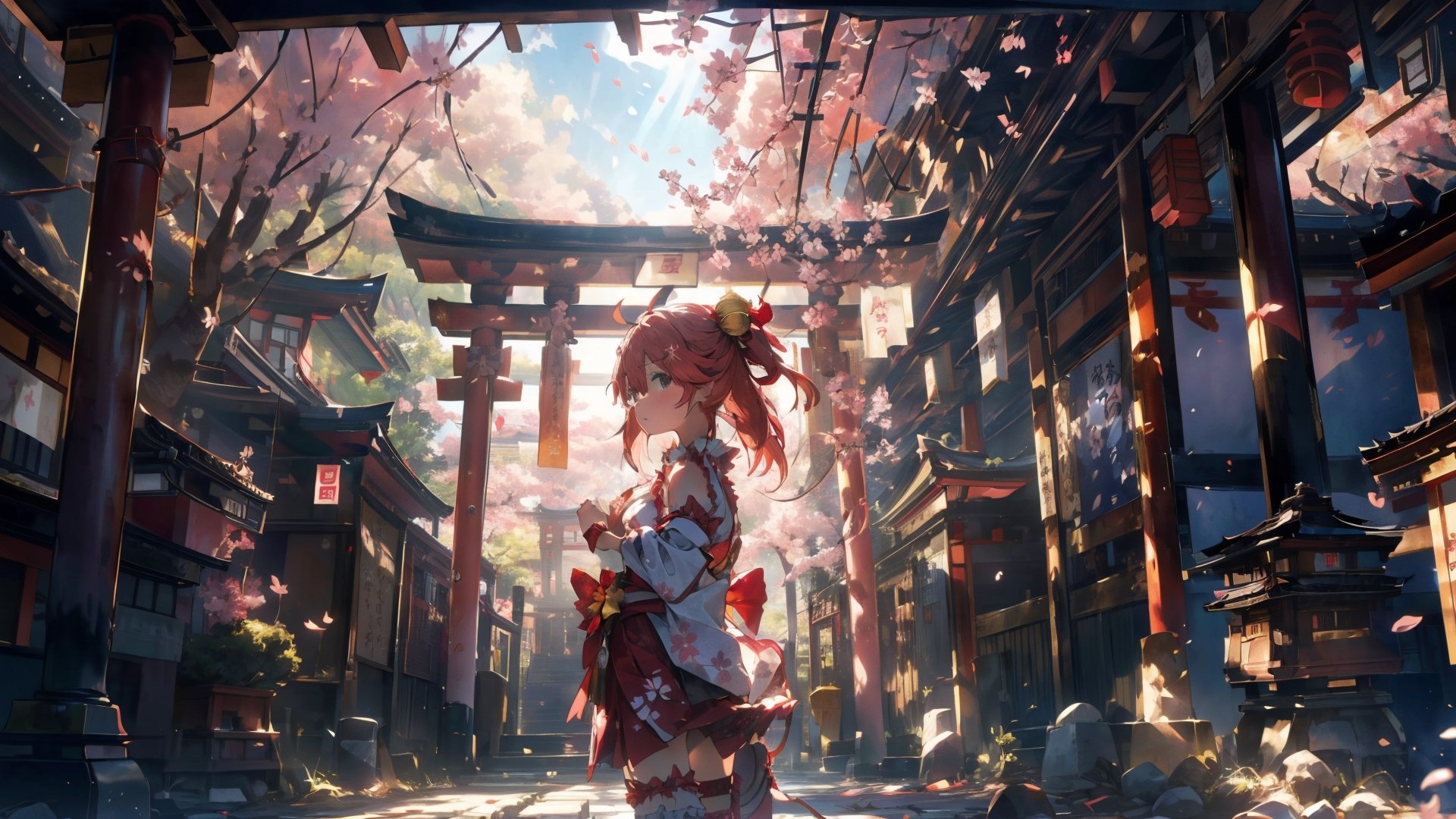 //Quality
(((best quality, 8k wallpaper))), ((detailed eyes, detailed illustration, masterpiece, ultra-detailed)),

//Charater
1girl, solo, Sakura Miko, SakuraMiko, 
MikoBase, long hair, ahoge, one side up, hair bell, cherry blossom print, nontraditional miko, frills, single thighhigh, bridal garter,

// Pose
upper body, (dynamic angle), 
looking at viewer, 

// Background
((detailed background)), midjourney, yofukashi background,perfect light, (cherry blossoms), extremely delicate and beautiful, ((background: shrine, day, daylight), Day view in the shrine, A girl prays in front of a shrine at daytime, behind her is a red torii gate, 