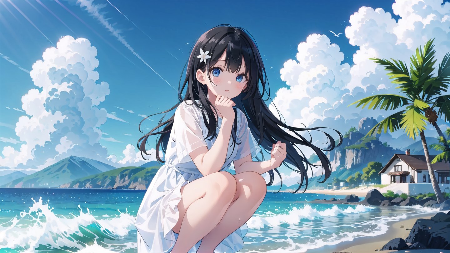 masterpiece, best quality, high quality,extremely detailed CG unity 8k wallpaper, extremely detailed, High Detail, 

1girl, solo, long hair, black hair, dress, short sleeves, outdoors, sky, cloud, water, white dress, blurry, blurry background, ocean, beach, squatting, ,girl