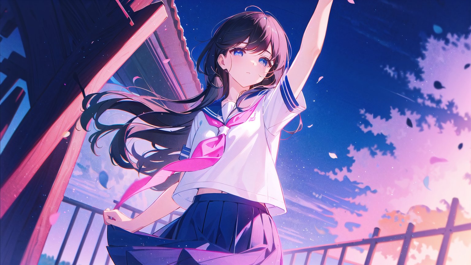 masterpiece, best quality, high quality,extremely detailed CG unity 8k wallpaper, extremely detailed, High Detail, 

1girl, solo, long hair, black hair, blue eyes, skirt, shirt, school uniform, standing, white shirt, short sleeves, pleated skirt, outdoors, sky, serafuku, (pink serafuku, pink school uniform), day, sailor collar, blurry, arm up, neckerchief, long skirt, ,girl