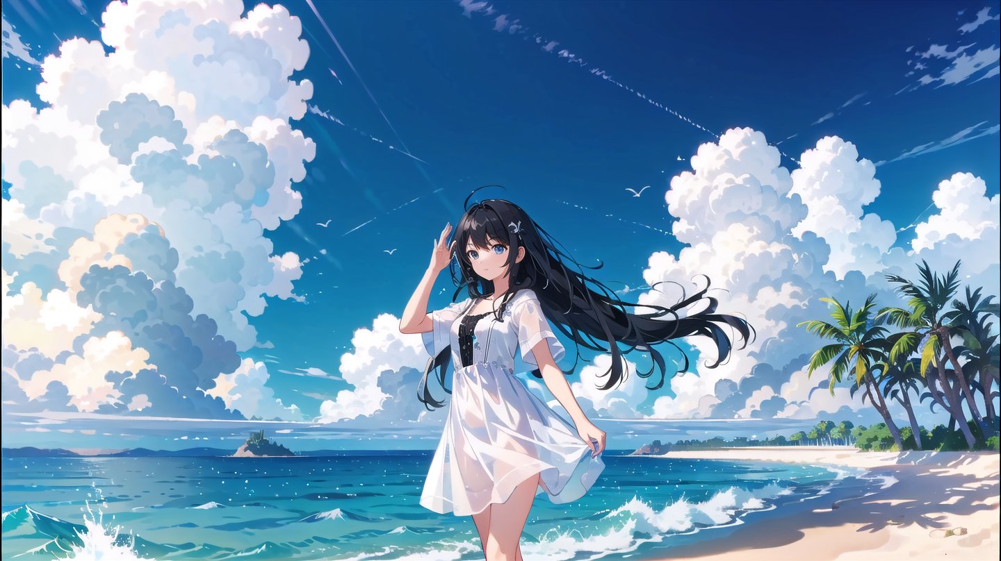 masterpiece, best quality, high quality,extremely detailed CG unity 8k wallpaper, extremely detailed, High Detail, 

1girl, solo, long hair, black hair, dress, short sleeves, outdoors, sky, cloud, water, white dress, blurry, blurry background, ocean, beach, squatting, ,girl