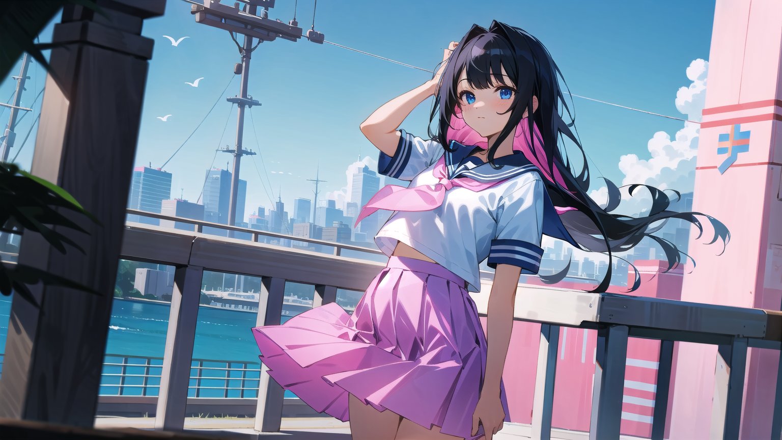 masterpiece, best quality, high quality,extremely detailed CG unity 8k wallpaper, extremely detailed, High Detail, 

1girl, solo, long hair, black hair, blue eyes, skirt, shirt, school uniform, standing, white shirt, short sleeves, pleated skirt, outdoors, sky, serafuku, (pink serafuku, pink school uniform), day, sailor collar, blurry, arm up, neckerchief, long skirt, ,girl