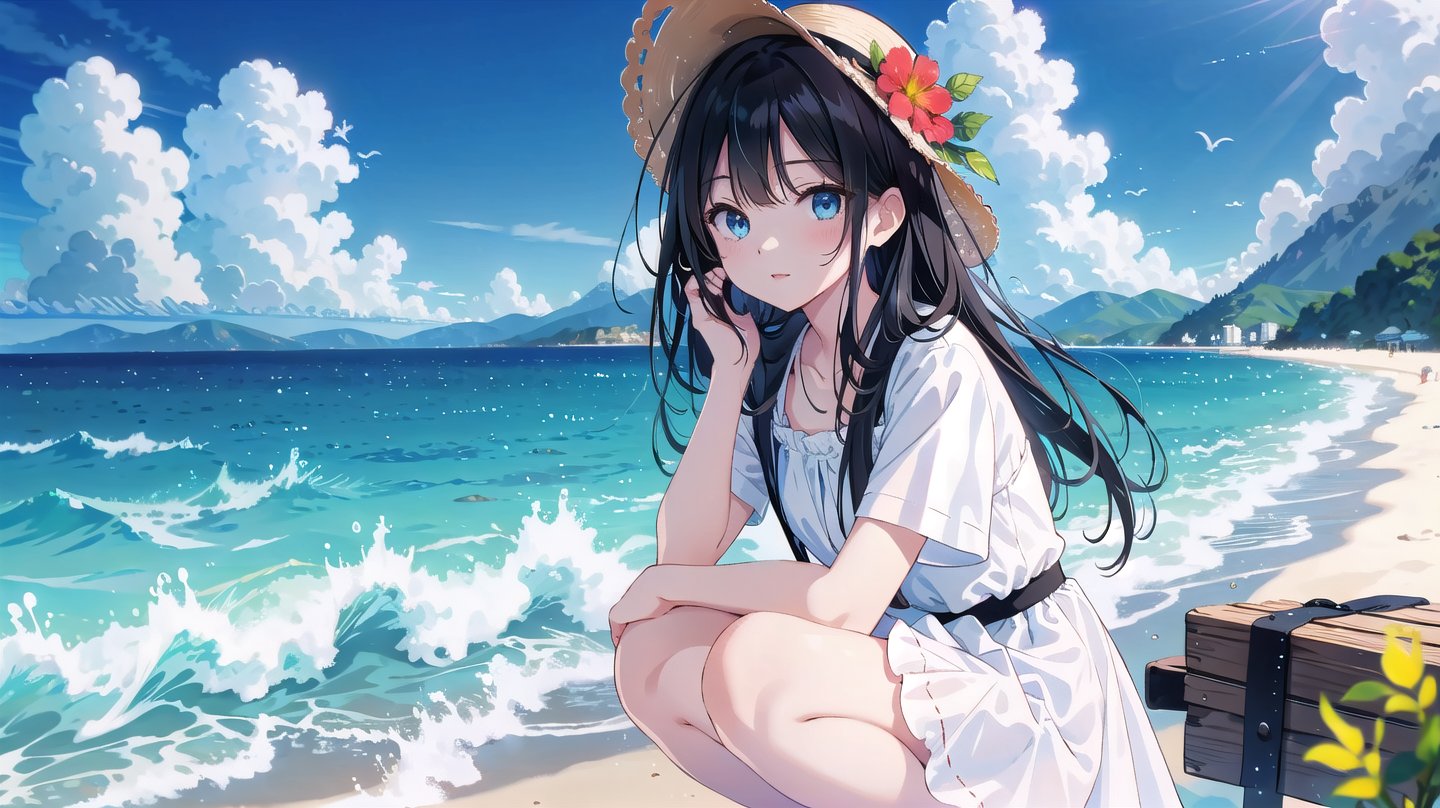 masterpiece, best quality, high quality,extremely detailed CG unity 8k wallpaper, extremely detailed, High Detail, 

1girl, solo, long hair, black hair, dress, short sleeves, outdoors, sky, cloud, water, white dress, blurry, blurry background, ocean, beach, squatting, 