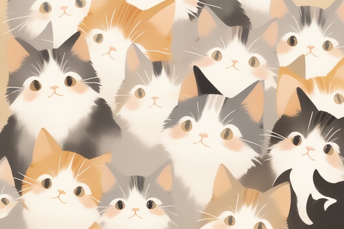 cats, many grey calico cats,summer day, symmetry face, niji style, ghibli style,cat,Xxmix_Catecat