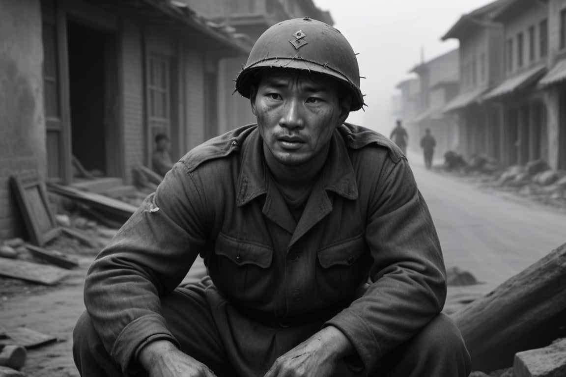 Black and white photographs, resting in 1950 Korean War-torn cities, soldiers,(((1man))), dirty uniforms, M1A1, old-fashioned photographs, professional picture quality, dramatic light, 8k, uhd, professional picture quality,