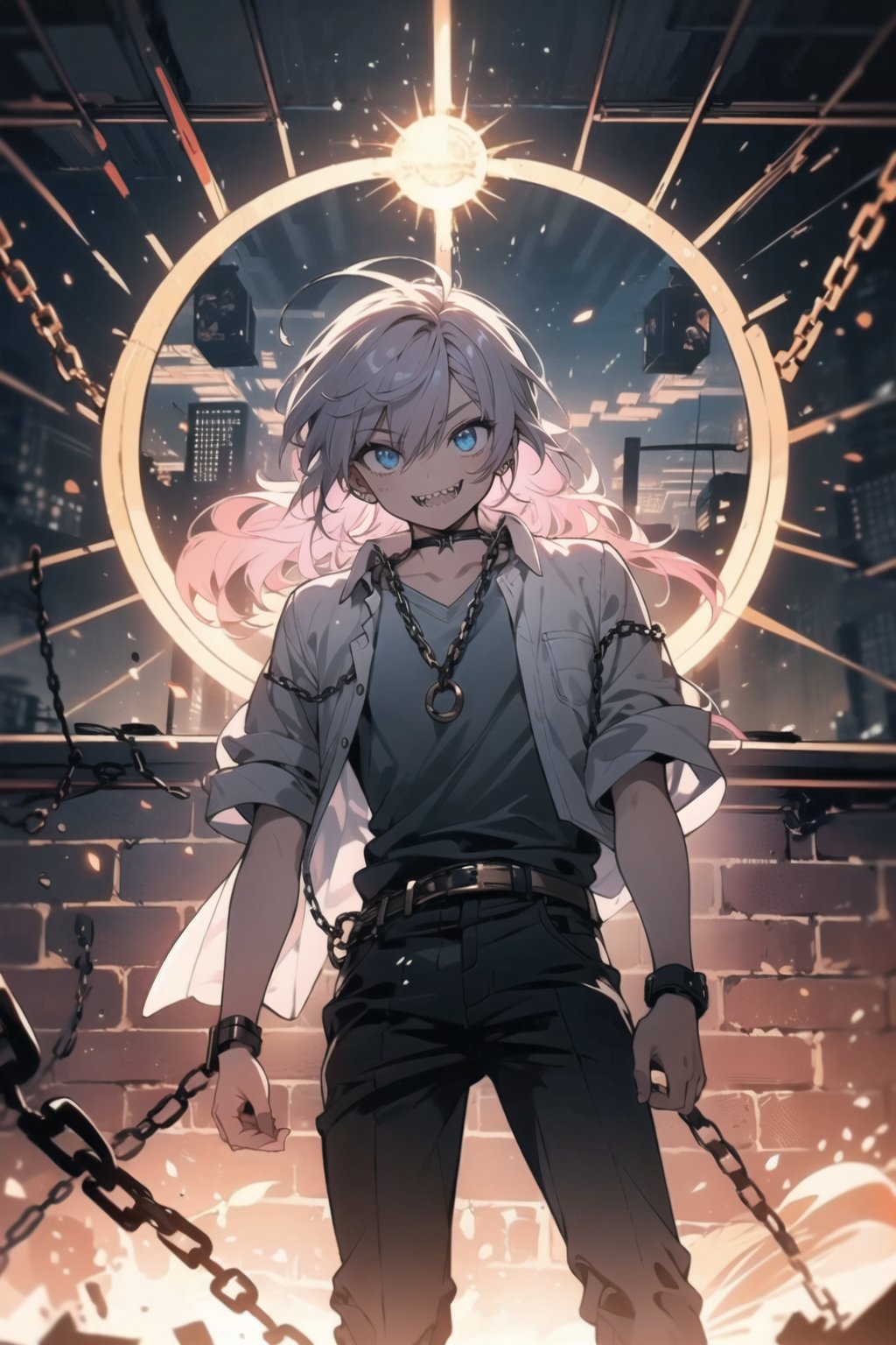 One boy(adult male), pink hair, blue crazy eyes, crazy smile(sharp teeth:1.2), masterpieces (masterpiece :1.1), best quality, high quality, chlotes( black chlotes (chlotes :1.2), chains), background (prison, little light from top, chains on the wall, sing where write (dangerous) high sun)