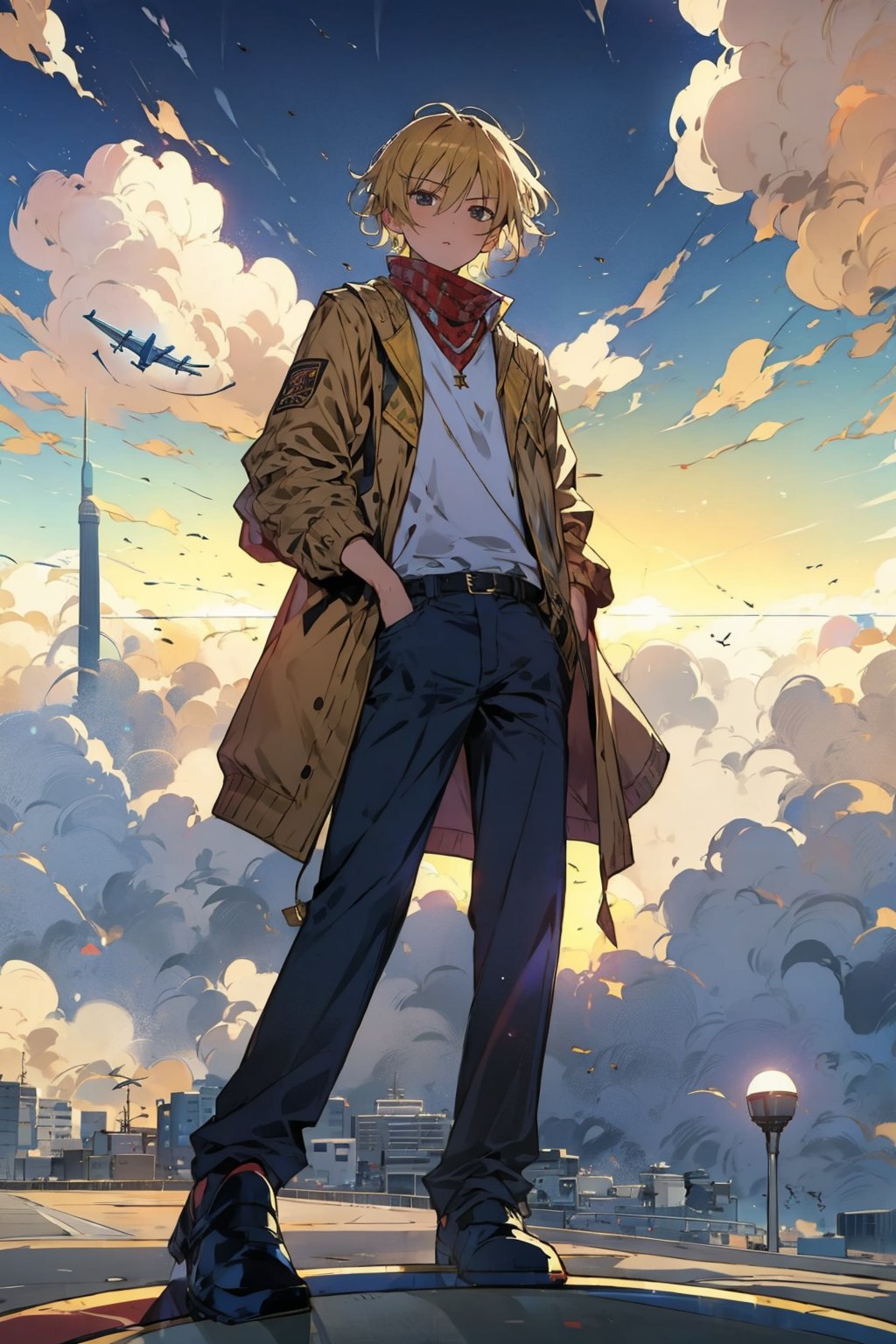1boy,short hair, sky background, pov,upper body, blonde hair, airplane jacket