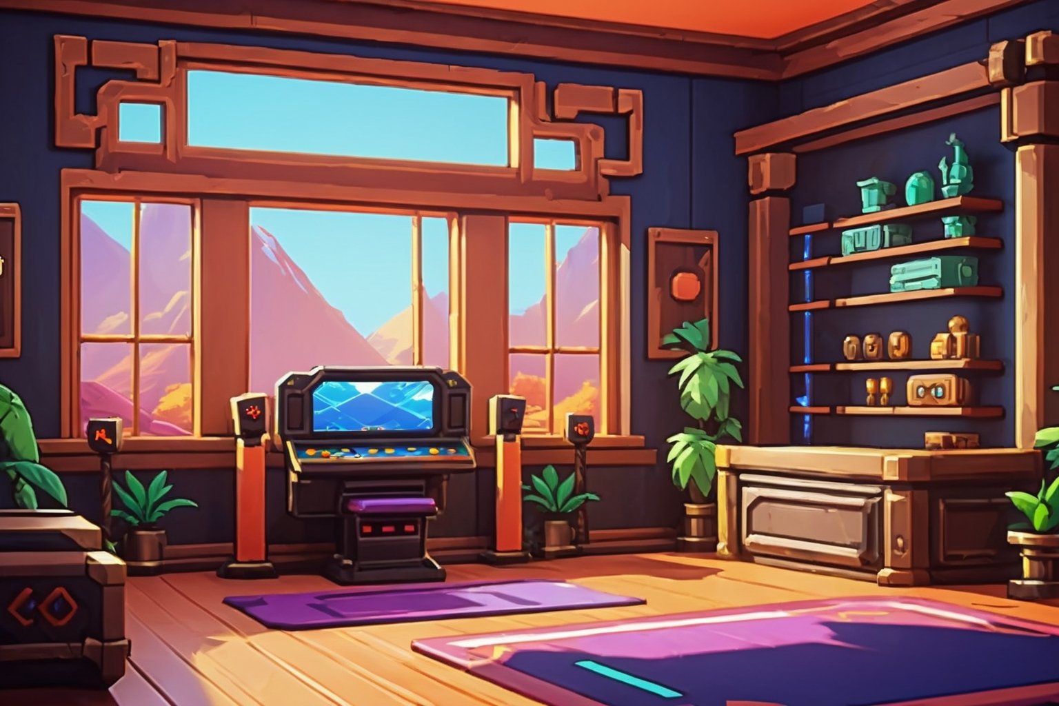 video game style room, gameart style, high saturation, high detail, high details, 