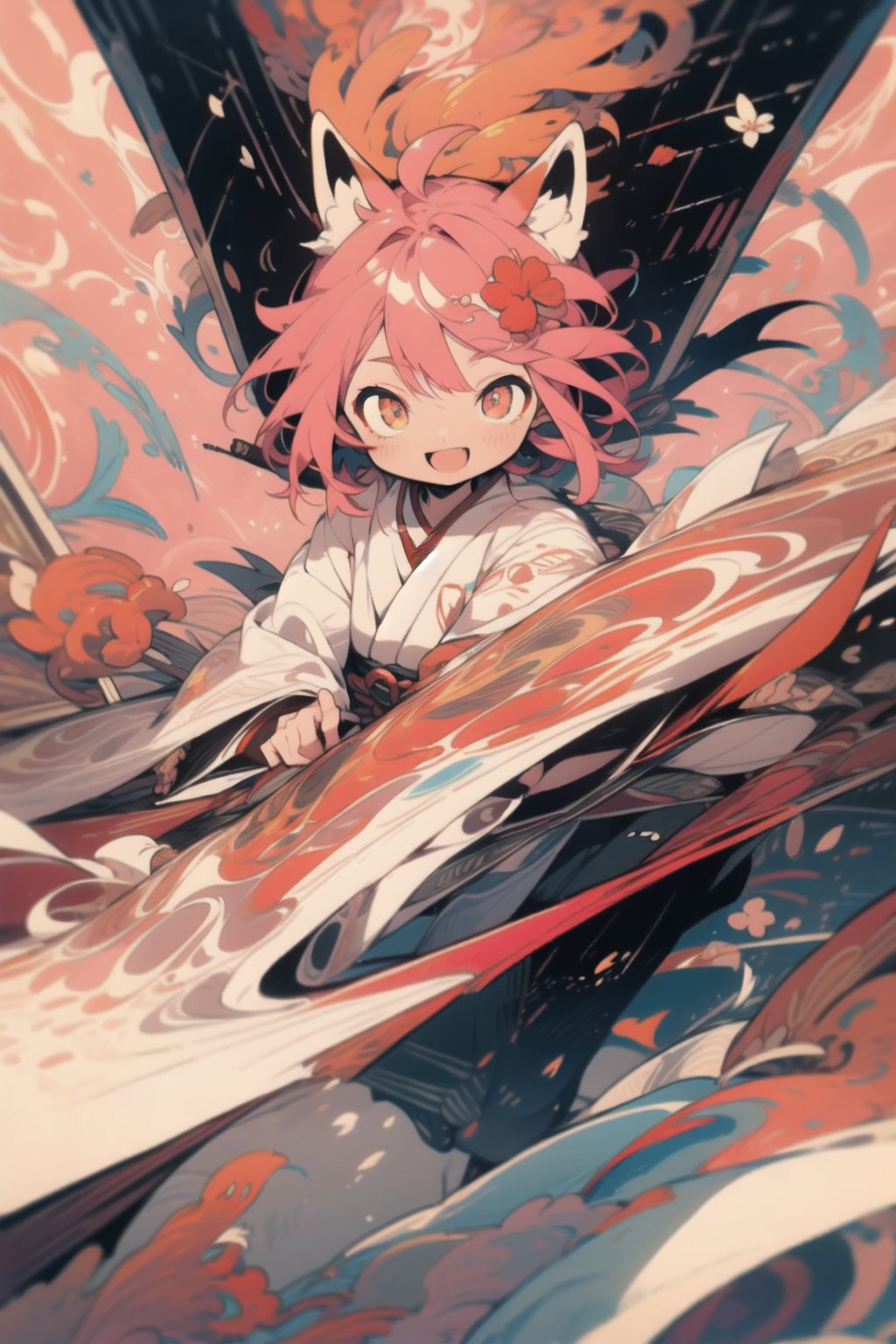 One boy(adult male), fox ears, japanese clothe(pink chlotes (chlotes :1.2), short hair, pink hair, red crazy eyes, tendrils, slit pupils,:D, barefoot, Full Length Shot, masterpieces (masterpiece :1.1), best quality, extremely detailed 8K wallpaper, first-person view, depth of field,
